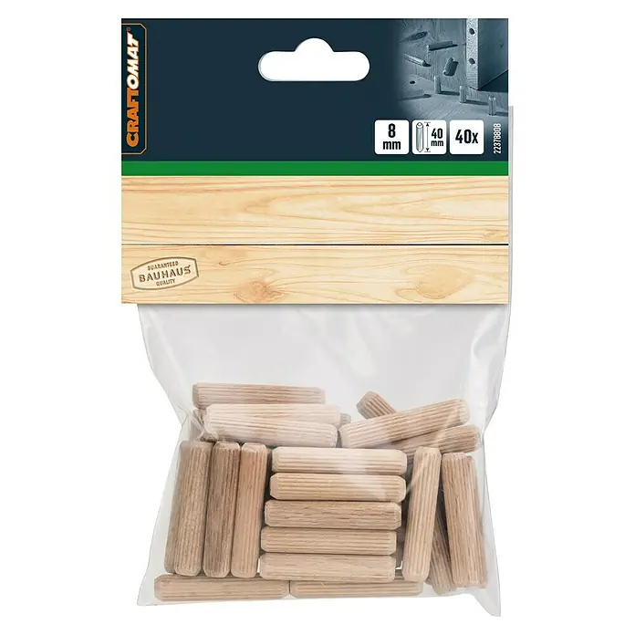 Craftomat Holzdübel - Ø x L: 8 x 40 mm, 40 Stk., Passend für: Bohrer 8 mm - Abbildung einer Packung Craftomat Holzdübel, 8 mm Durchmesser und 40 mm Länge, 40 Stück pro Packung, für präzise Holzverbindungen.