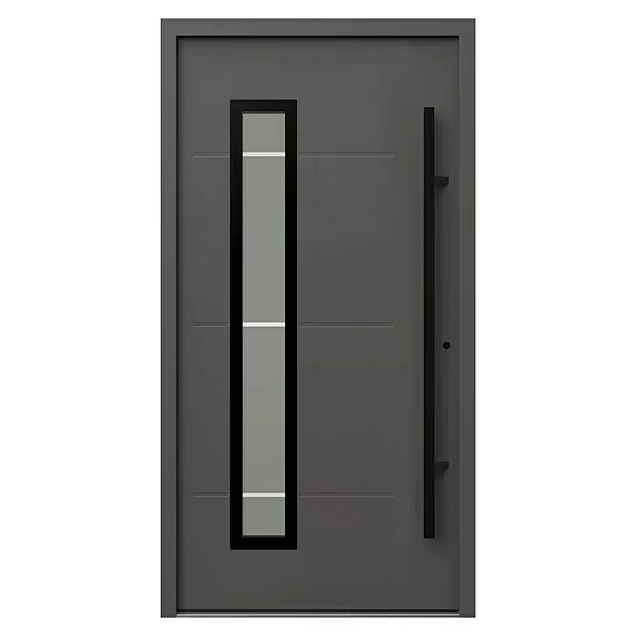 Gerda Haustür Thermo Prime 75 Garda - 110 x 210 cm, DIN Anschlag: Rechts, Anthrazitgrau, Schwarze Details - Moderne dunkelgraue Eingangstür mit vertikaler Glasscheibe und langem schwarzem Griff.