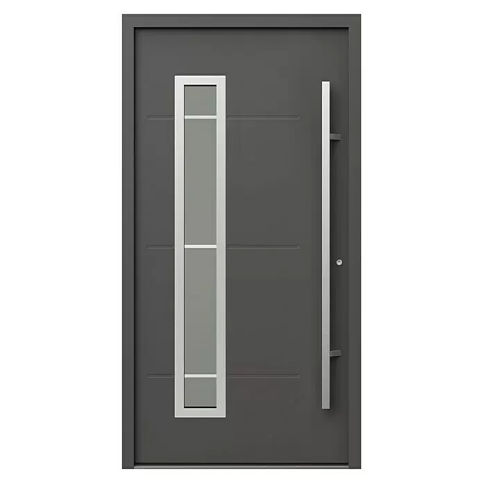 Gerda Haustür Thermo Prime 75 Garda - 110 x 210 cm, DIN Anschlag: Rechts, Anthrazitgrau, Details in Edelstahl - Dunkelgraue moderne Eingangstür mit vertikalem Milchglas und langem gebürstetem Metallgriff.