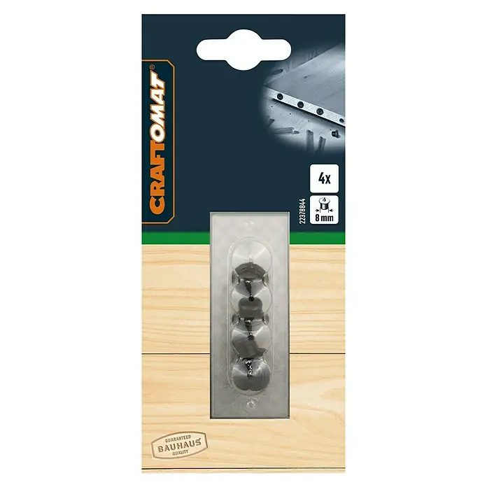 Craftomat Dübelsetzer - Durchmesser: 8 mm, 4 -tlg. - Das Bild zeigt eine Packung Craftomat Dübelmarkierer 8mm mit vier Stück, verpackt in einer durchsichtigen Plastikverpackung mit Markendetails.