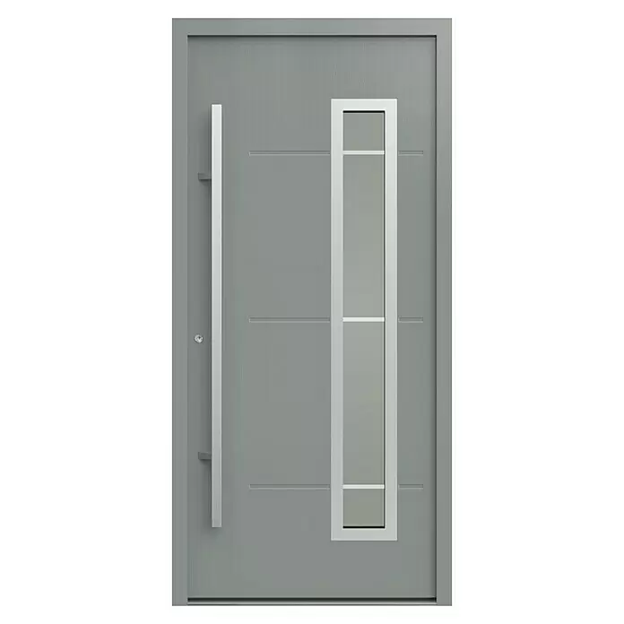 Gerda Haustür Thermo Prime 75 Garda - 100 x 210 cm, DIN Anschlag: Links, Grau, Details in Edelstahl - Moderne graue Tür mit langem silbernem Griff, Schlüsselloch, horizontalen Rillen und rechteckigem Fenster mit silbernem Rahmen.