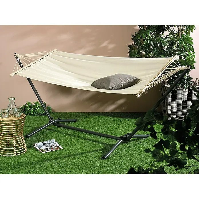 Hamaca individual Aruba - L x An: 200 x 100 cm, Beige - Elegante hamaca con soporte, ideal para relajarse en el jardín o en el patio. Su diseño cómodo invita a quedarse.