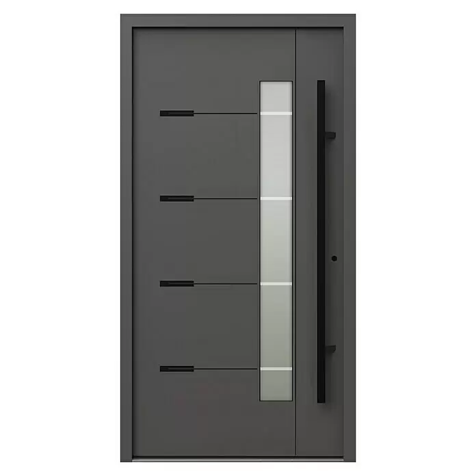 Gerda Haustür Thermo Prime 75 Brenta - 110 x 210 cm, DIN Anschlag: Rechts, Anthrazitgrau, Schwarze Details - Moderne dunkelgraue Eingangstür mit vier horizontalen schwarzen Intarsien und vertikalem Mattglasscheibenbereich mit schwarzem Griff.