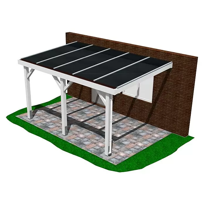 Joda Terrassenüberdachung Classic - B x T: 507 x 314 cm, KDI grün, Kiefer KDI, Dacheindeckung aus Stegplatten - Weiße Terrassenüberdachung mit dunklem Dach und silbernen Trägern, an Ziegelwand über gepflasterter Terrasse montiert.