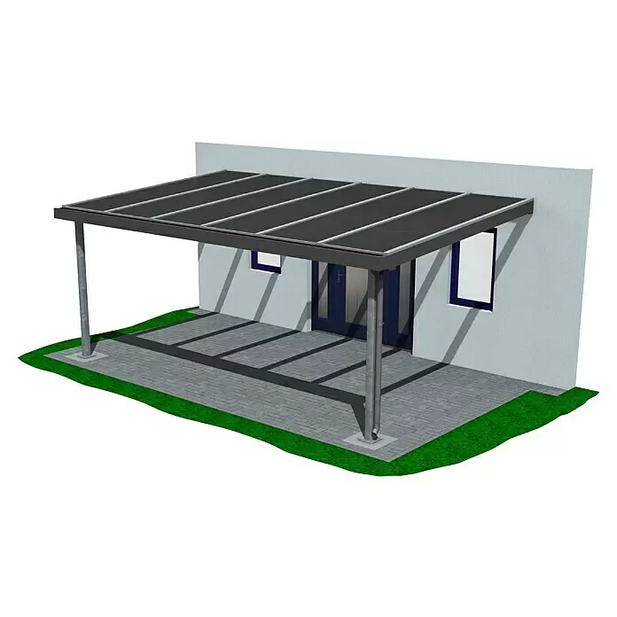 Joda Terrassenüberdachung Select - B x T: 607 x 364 cm, Weiß, Fichte-LH, Stahlstützen, Dacheindeckung aus Stegplatten - Moderne Terrassenüberdachung mit dunklen Platten, grauem Metallrahmen, zwei Stützen und integriertem Fallrohr, an einem hellen Gebäude befestigt.
