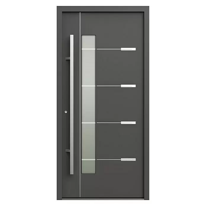 Gerda Haustür Thermo Prime 75 Brenta - 100 x 210 cm, DIN Anschlag: Links, Anthrazitgrau, Details in Edelstahl - Moderne anthrazitfarbene Eingangstür mit vertikalem Milchglaseinsatz, langer Griffstange und horizontalen Metallakzenten.