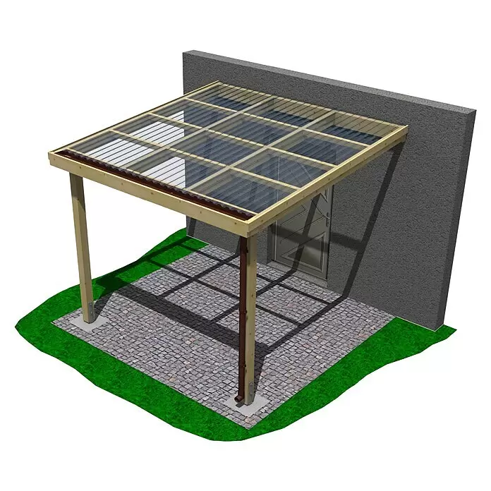 Joda Terrassenüberdachung Classic - B x T: 317 x 314 cm, KDI grün, Kiefer KDI, Dacheindeckung aus Licht-Wellplatten - Holzterrassendach mit transparentem Wellplattendach und Regenrinne, an einer Wand über gepflastertem Bereich.