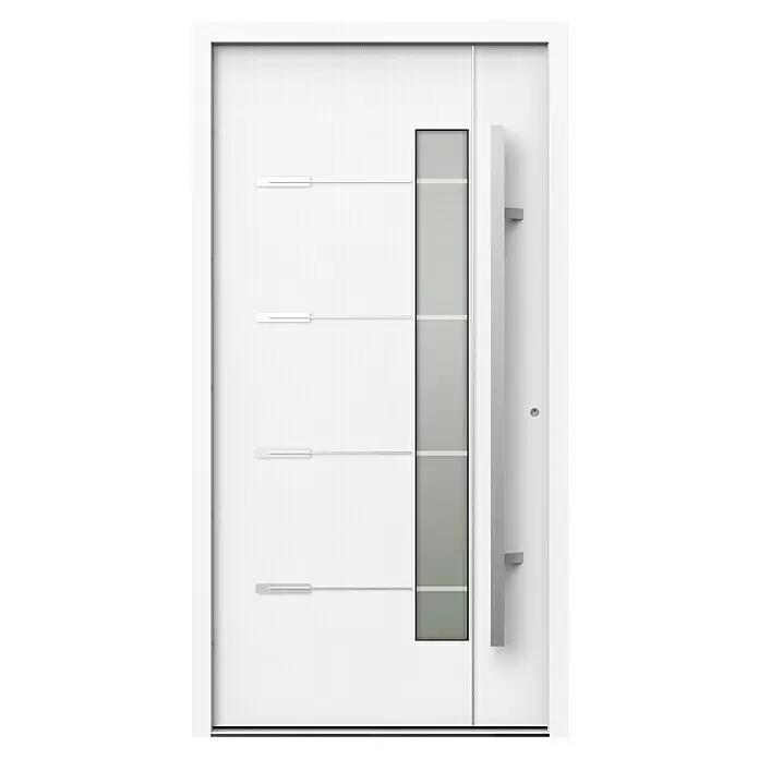 Gerda Haustür Thermo Prime 75 Brenta - 110 x 210 cm, DIN Anschlag: Rechts, Weiß, Details in Edelstahl - Moderne weiße Eingangstür mit Struktur, vertikaler grauer Glasscheibe, langem Griff und horizontalen Akzenten.