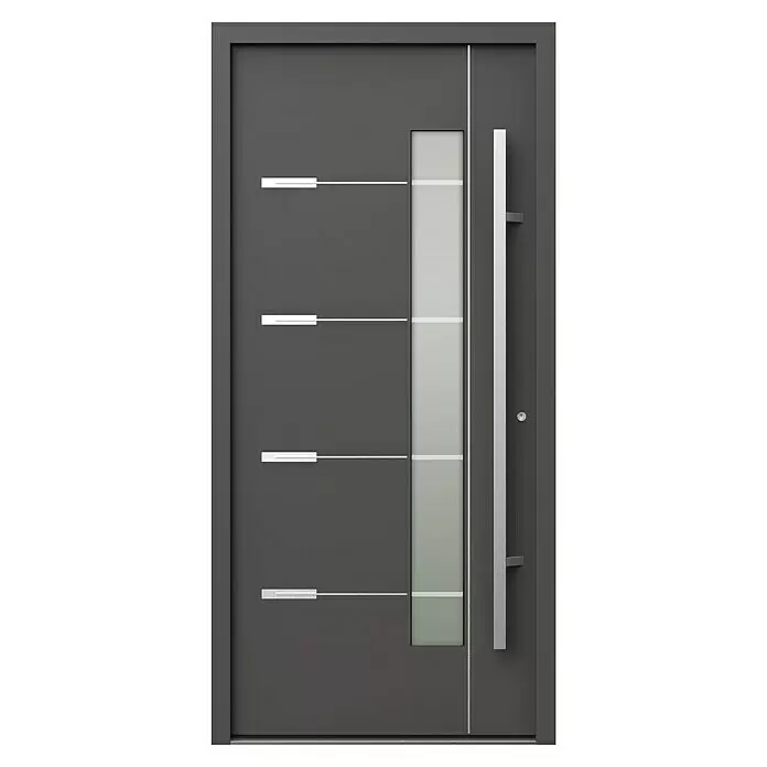 Gerda Haustür Thermo Prime 75 Brenta - 100 x 210 cm, DIN Anschlag: Rechts, Anthrazitgrau, Details in Edelstahl - Dunkelgraue, moderne Eingangstür mit langem silbernen Stangengriff, vertikaler Milchglasscheibe und horizontalen Metallzierleisten.