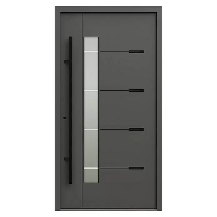 Gerda Haustür Thermo Prime 75 Brenta - 110 x 210 cm, DIN Anschlag: Links, Anthrazitgrau, Schwarze Details - Moderne anthrazitfarbene Eingangstür mit vertikaler Glasscheibe und schwarzen horizontalen Dekorelementen, sowie einem langen Stangengriff.