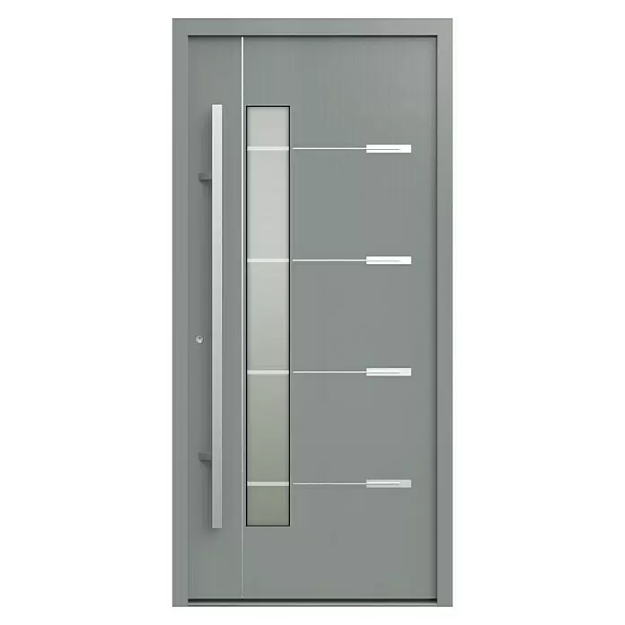 Gerda Haustür Thermo Prime 75 Brenta - 100 x 210 cm, DIN Anschlag: Links, Grau, Details in Edelstahl - Moderne graue Eingangstür mit vertikaler Milchglasscheibe, langem silbernem Griff und horizontalen Zierlinien.