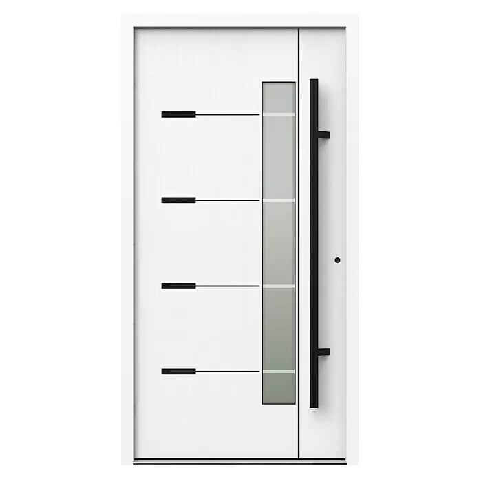 Gerda Haustür Thermo Prime 75 Brenta - 110 x 210 cm, DIN Anschlag: Rechts, Weiß, Schwarze Details - Moderne weiße Eingangstür mit langem schwarzem Griff, vertikalem Milchglaseinsatz und vier schwarzen horizontalen Zierlinien.