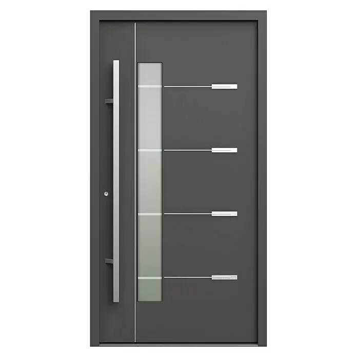 Gerda Haustür Thermo Prime 75 Brenta - 110 x 210 cm, DIN Anschlag: Links, Anthrazitgrau, Details in Edelstahl - Moderne dunkelgraue Eingangstür mit langem Silbergriff, vertikalem Glasfeld und horizontalen Silberakzenten.