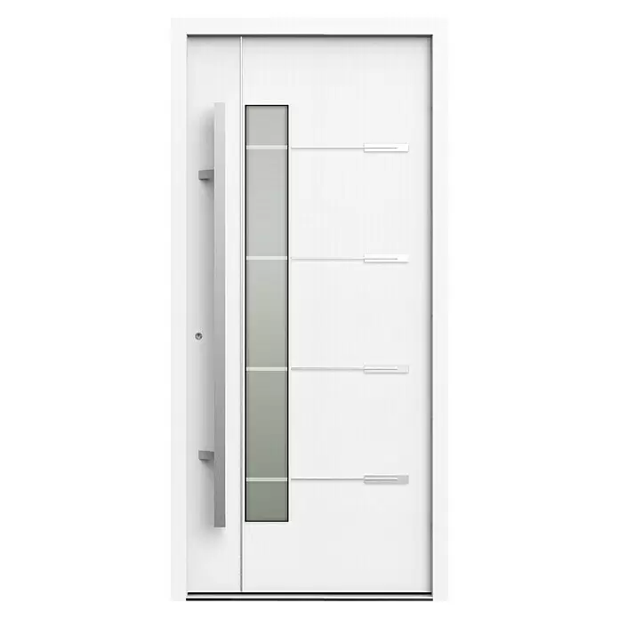 Gerda Haustür Thermo Prime 75 Brenta - 100 x 210 cm, DIN Anschlag: Links, Weiß, Details in Edelstahl - Weiße moderne Haustür mit Stangengriff, vertikalem Milchglaseinsatz und horizontalen Metallakzenten.