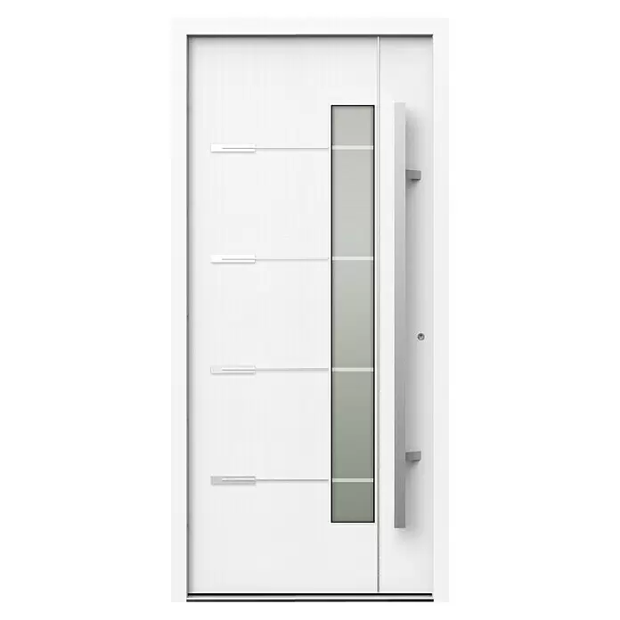 Gerda Haustür Thermo Prime 75 Brenta - 100 x 210 cm, DIN Anschlag: Rechts, Weiß, Details in Edelstahl - Moderne weiße Außentür mit strukturierter Oberfläche, vertikalem Milchglaseinsatz, langem Griff und horizontalen Zierleisten.