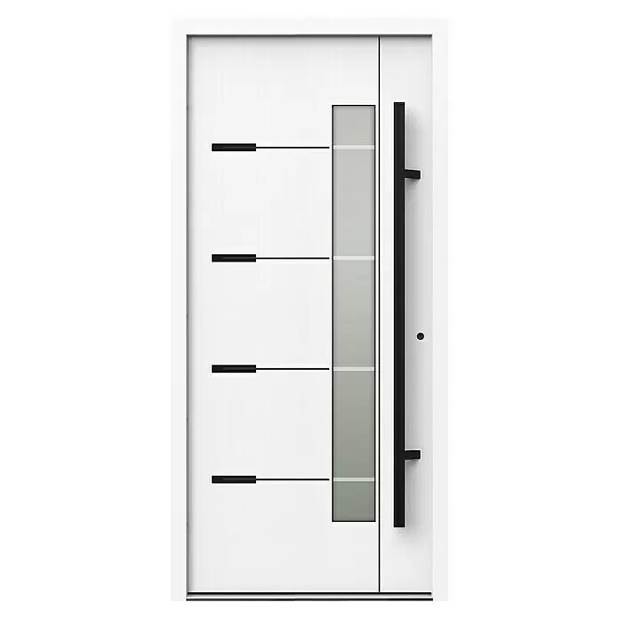 Gerda Haustür Thermo Prime 75 Brenta - 100 x 210 cm, DIN Anschlag: Rechts, Weiß, Schwarze Details - Moderne weiße Eingangstür mit schwarzen Querlinien, hohem Glaspaneel und schwarzem vertikalen Griff.