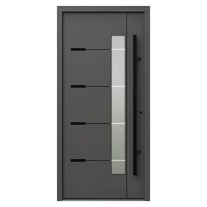 Gerda Haustür Thermo Prime 75 Brenta - 100 x 210 cm, DIN Anschlag: Rechts, Anthrazitgrau, Schwarze Details - Moderne graue Eingangstür mit vertikalem Milchglaseinsatz, vier horizontalen Zierleisten und schwarzem Stangengriff.