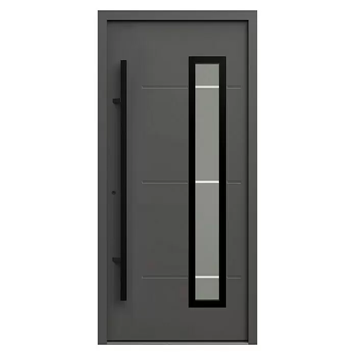 Gerda Haustür Thermo Prime 75 Garda - 100 x 210 cm, DIN Anschlag: Links, Anthrazitgrau, Schwarze Details - Dunkelgraue moderne Eingangstür mit vertikalem schwarzem Griff, rechteckigem Glaseinsatz und horizontalen Zierrillen.