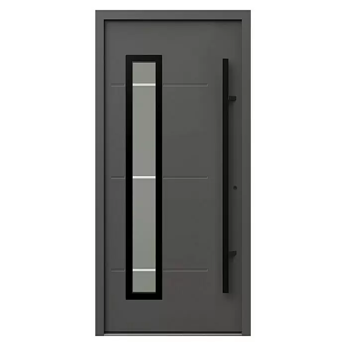Gerda Haustür Thermo Prime 75 Garda - 100 x 210 cm, DIN Anschlag: Rechts, Anthrazitgrau, Schwarze Details - Moderne dunkelgraue Haustür mit vertikalem, schwarz gerahmtem Glaseinsatz und langem schwarzem Stangengriff.