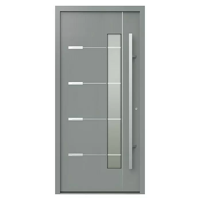 Gerda Haustür Thermo Prime 75 Brenta - 100 x 210 cm, DIN Anschlag: Rechts, Grau, Details in Edelstahl - Moderne graue Haustür mit vertikaler Glasscheibe, vier horizontalen Dekoreinlagen und Stangengriff.