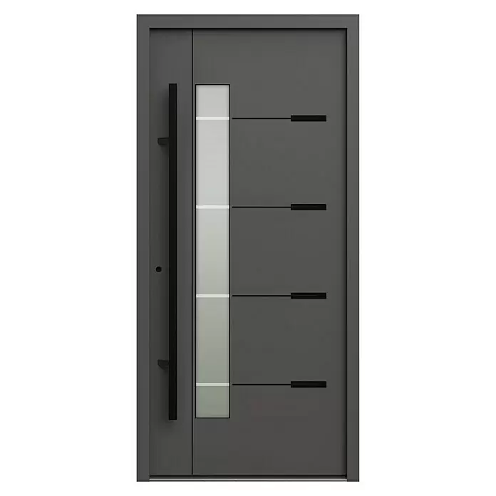Gerda Haustür Thermo Prime 75 Brenta - 100 x 210 cm, DIN Anschlag: Links, Anthrazitgrau, Schwarze Details - Moderne dunkelgraue Tür mit vertikaler Milchglasscheibe und horizontalen dunklen Akzenten.