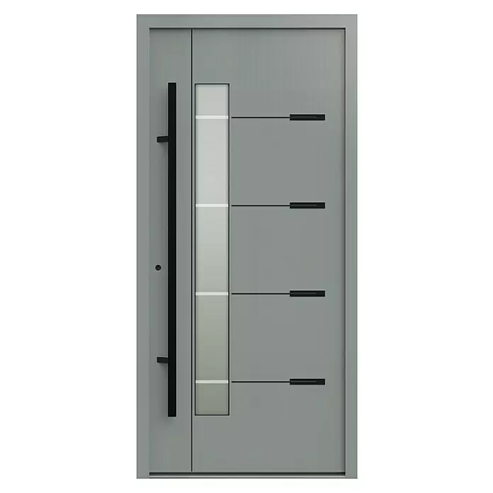 Gerda Haustür Thermo Prime 75 Brenta - 100 x 210 cm, DIN Anschlag: Links, Grau, Schwarze Details - Moderne graue Eingangstür mit vertikalem Glaseinsatz, langem schwarzen Griff und horizontalen Zierakzenten.