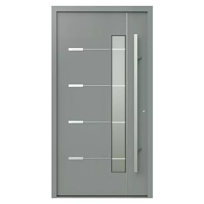 Gerda Haustür Thermo Prime 75 Brenta - 110 x 210 cm, DIN Anschlag: Rechts, Grau, Details in Edelstahl - Moderne graue Eingangstür mit vertikaler Glasscheibe, vier horizontalen Metallakzenten und langem Stangengriff.