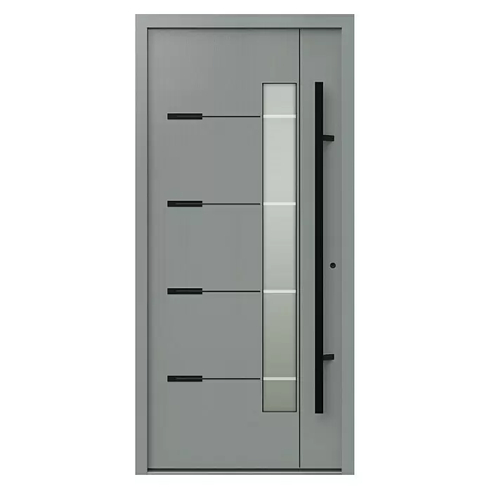 Gerda Haustür Thermo Prime 75 Brenta - 100 x 210 cm, DIN Anschlag: Rechts, Grau, Schwarze Details - Moderne graue Tür mit vertikaler Milchglasscheibe, langem schwarzem Griff und vier horizontalen schwarzen Zierelementen.