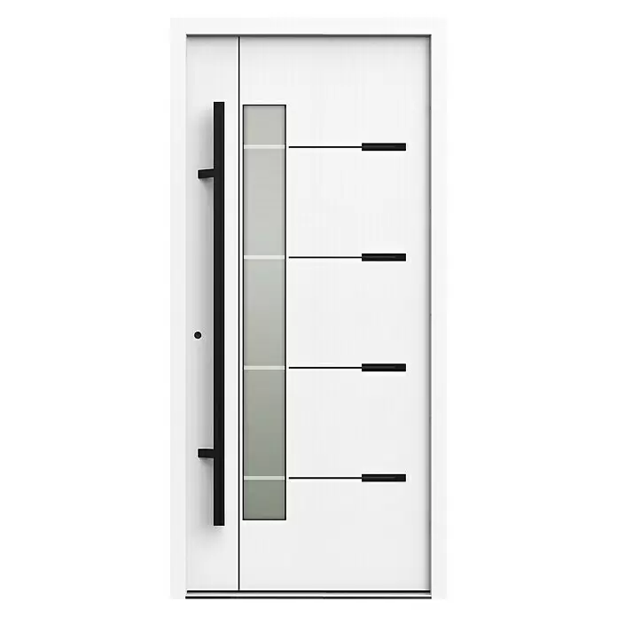 Gerda Haustür Thermo Prime 75 Brenta - 100 x 210 cm, DIN Anschlag: Links, Weiß, Schwarze Details - Weiße moderne Haustür mit strukturierter Oberfläche, langem schwarzem Griff, vertikalem grauen Glaseinsatz und vier schwarzen Zierlinien.