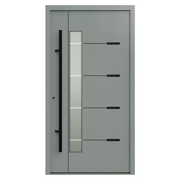Gerda Haustür Thermo Prime 75 Brenta - 110 x 210 cm, DIN Anschlag: Links, Grau, Schwarze Details - Graue moderne Eingangstür mit vertikalem Milchglasfeld, horizontalen schwarzen Akzenten und langem vertikalem schwarzen Griff.