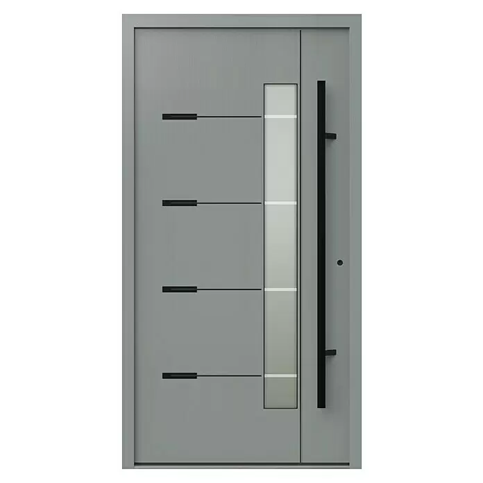 Gerda Haustür Thermo Prime 75 Brenta - 110 x 210 cm, DIN Anschlag: Rechts, Grau, Schwarze Details - Moderne graue Eingangstür mit vertikalem Milchglaspanel, langem schwarzem Stangengriff und vier schwarzen Zierlinien.