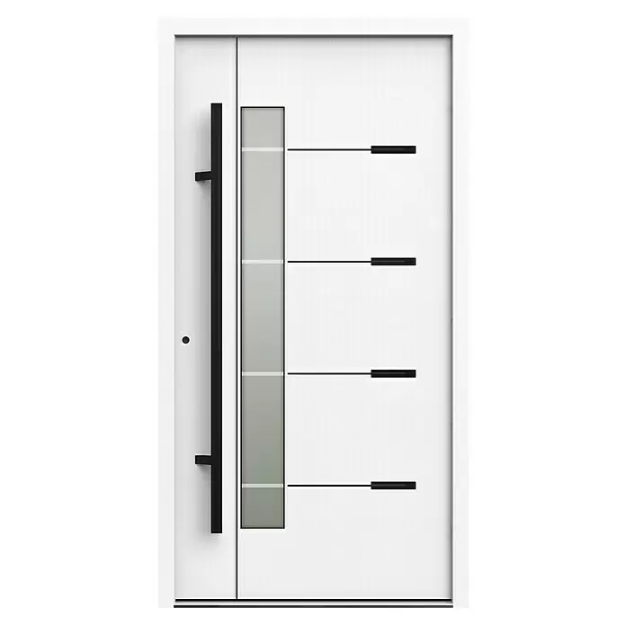 Gerda Haustür Thermo Prime 75 Brenta - 110 x 210 cm, DIN Anschlag: Links, Weiß, Schwarze Details - Moderne weiße Eingangstür mit langem schwarzem Griff, vertikalem Glaseinsatz und horizontalen schwarzen dekorativen Linien.