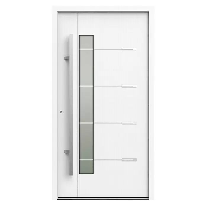 Gerda Haustür Thermo Prime 75 Brenta - 110 x 210 cm, DIN Anschlag: Links, Weiß, Details in Edelstahl - Moderne weiße Eingangstür mit vertikalem Glaseinsatz, langem Stangengriff und vier horizontalen Akzenten.
