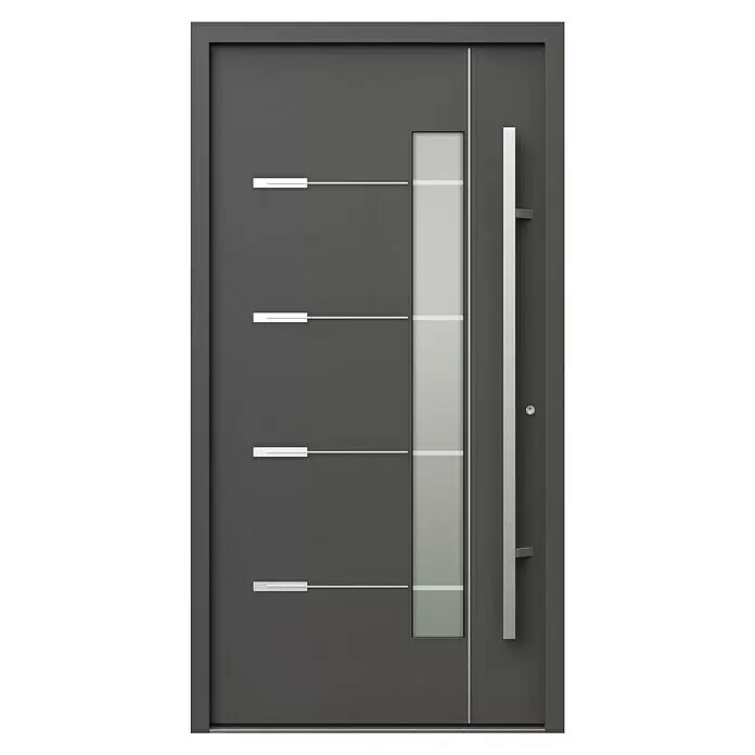 Gerda Haustür Thermo Prime 75 Brenta - 110 x 210 cm, DIN Anschlag: Rechts, Anthrazitgrau, Details in Edelstahl - Moderne graue Eingangstür mit vertikaler Milchglasscheibe, horizontalen silbernen Zierleisten und langem silbernen Griff.