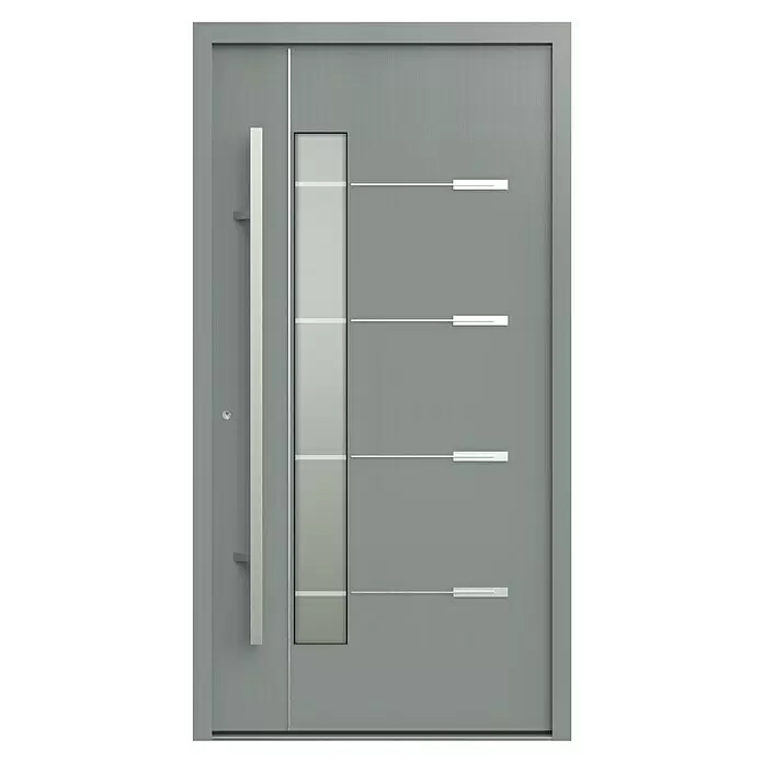 Gerda Haustür Thermo Prime 75 Brenta - 110 x 210 cm, DIN Anschlag: Links, Grau, Details in Edelstahl - Moderne graue Eingangstür mit vertikalem Glaseinsatz, langem silbernem Stangengriff und horizontalen Akzenten.