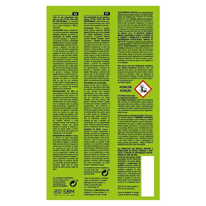 Antiorugas biológico anti-cucarachas Protect Home - 20 g - Información del producto: Gel insecticida para el control de plagas con instrucciones de uso e información de seguridad.