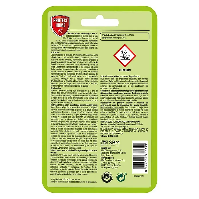 Cebo anti-hormigas Gel Protect Home - 1 ud., 4 g - Información del producto 'Protect Home Antihormigas Gel', un gel cebo insecticida contra hormigas, con instrucciones de seguridad.