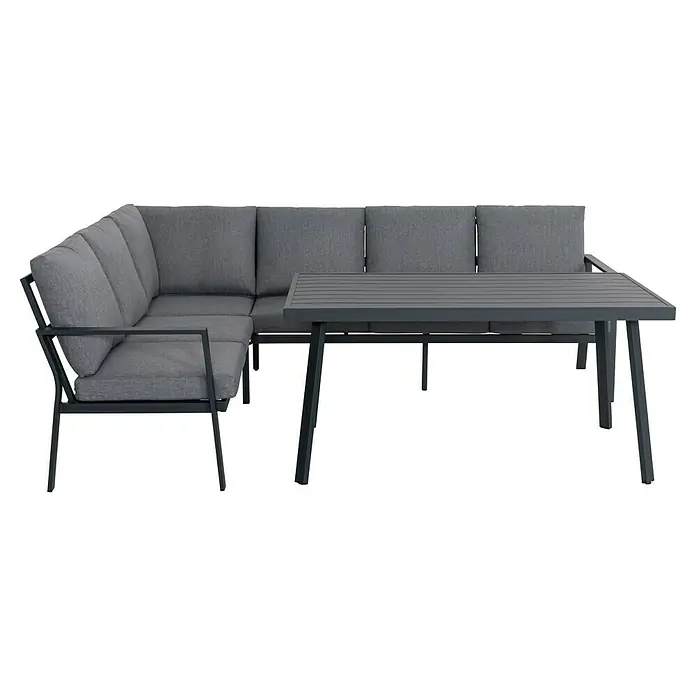 Conjunto de muebles Freya - 3 pzs., Aluminio, Antracita - Un moderno juego de patio gris con sofá de esquina y mesa de comedor. Ideal para la relajación al aire libre.
