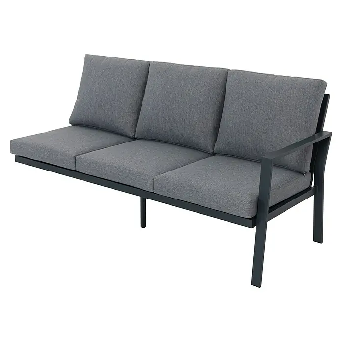 Conjunto de muebles Freya - 3 pzs., Aluminio, Antracita - Esta imagen muestra un sofá de exterior de tres plazas con cojines grises sobre un marco negro. Ideal para el jardín o terraza!