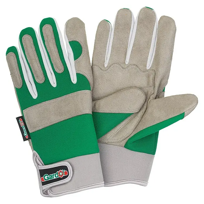 Gardol Gartenhandschuhe Geräte - 10, Grün - Ein Paar robuste Gartenhandschuhe in Grün und Grau, ideal für Gartenarbeiten und zum Schutz der Hände.