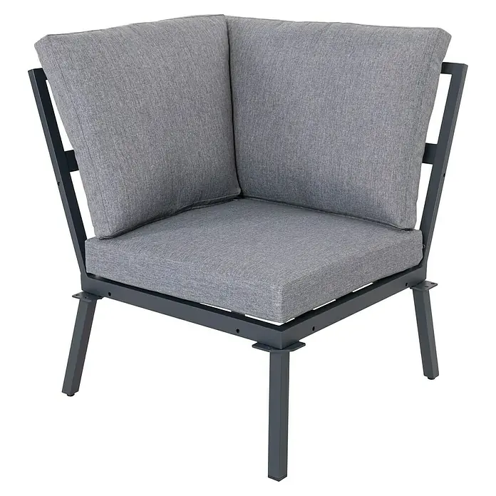 Conjunto de muebles Freya - 3 pzs., Aluminio, Antracita - Silla esquinera gris con cojines suaves y estructura metálica resistente. Ideal para patio y jardín.