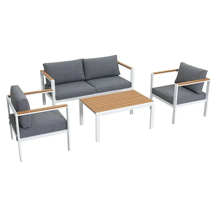 Sunfun Conjunto de muebles Selma - 4 pzs., Aluminio/Polywood, Blanco - Elegante conjunto de muebles de jardín con sofá, dos sillones y mesa, ideal para relajarse al aire libre. El conjunto destaca por su diseño moderno.