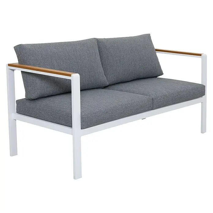 Sunfun Conjunto de muebles Selma - 4 pzs., Aluminio/Polywood, Blanco - Elegante sofá de 2 plazas con tapicería gris y estructura blanca, perfecto para el jardín o la terraza.