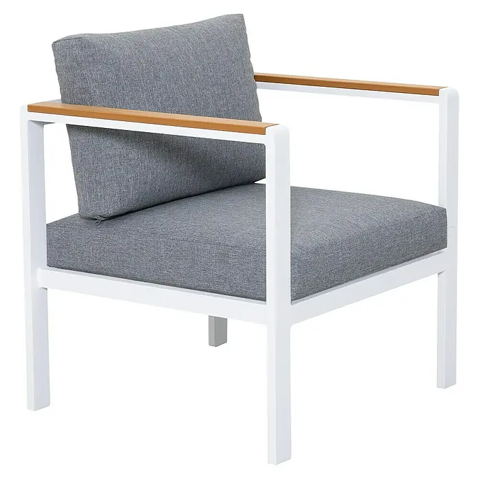 Sunfun Conjunto de muebles Selma - 4 pzs., Aluminio/Polywood, Blanco - Un sillón moderno con estructura blanca, reposabrazos de madera y cojines grises que combina confort y estilo.