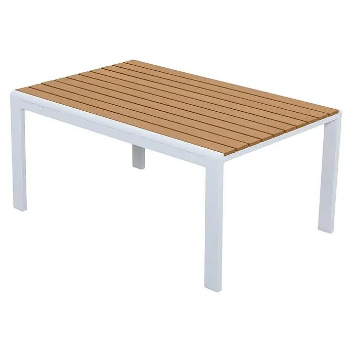Sunfun Conjunto de muebles Selma - 4 pzs., Aluminio/Polywood, Blanco - Mesa de jardín moderna con marco blanco y tablero de listones de madera, ideal para uso exterior.