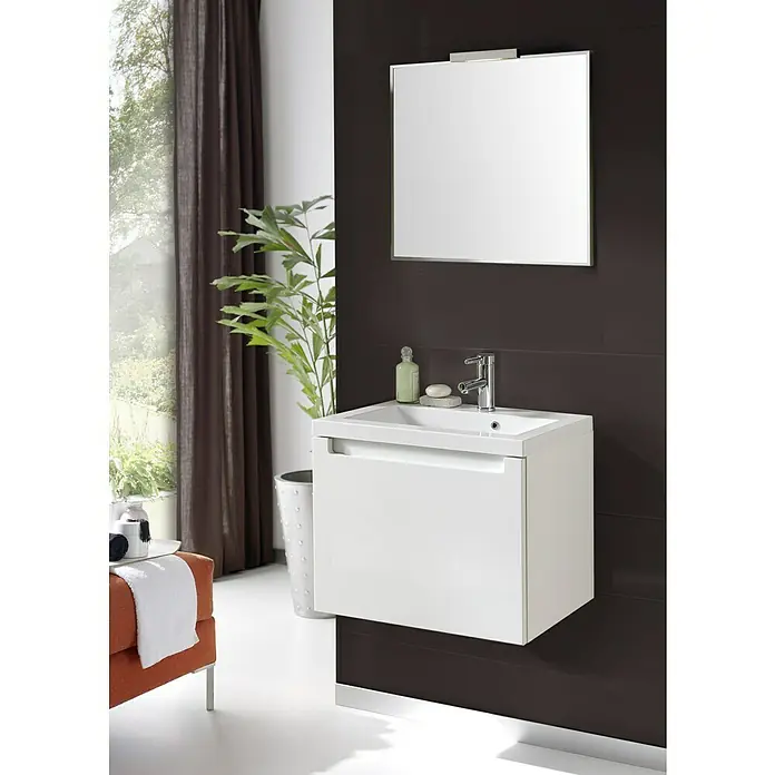 Riva Badmöbel-Set Sierra - Gesamtbreite Badmöbel: 60 cm, Weiß, Glänzend - Elegantes Badezimmer-Waschbecken mit weißem Unterschrank und Spiegel. Das moderne Design sorgt für eine stilvolle Atmosphäre im Badezimmer.
