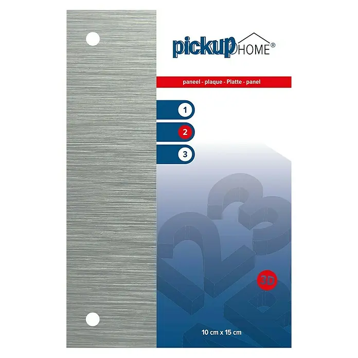Pickup 3D Home Schild - L x B: 10 x 15 cm, Aluminiumfarben - Produktbild einer Pickup Home Türschildplatte aus Metall, rechteckig mit zwei Löchern und den Maßen 10 x 15 cm.