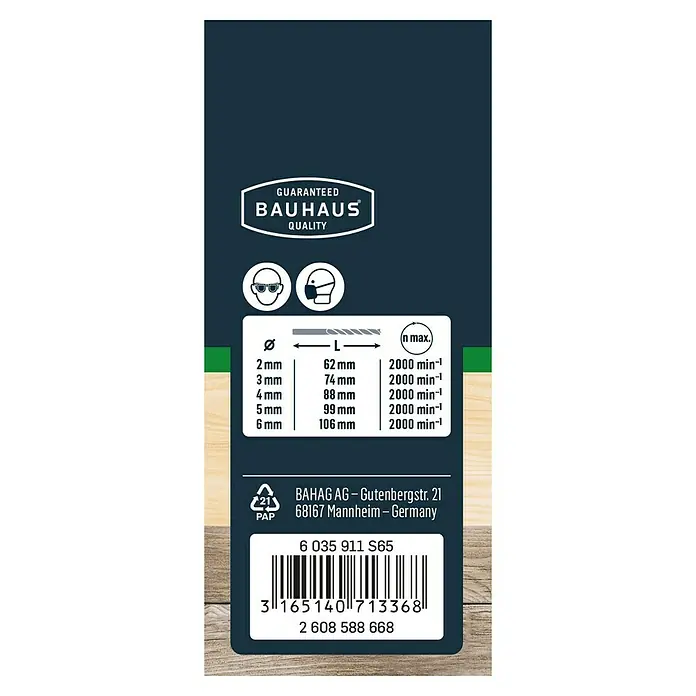Craftomat Broca para madera - Diámetro de la broca: 6 mm, Diámetro vástago: 6,35 mm, Cantidad total: 5 pzs. - Primer plano del embalaje del producto que muestra los tamaños de broca e información de seguridad de Bauhaus.