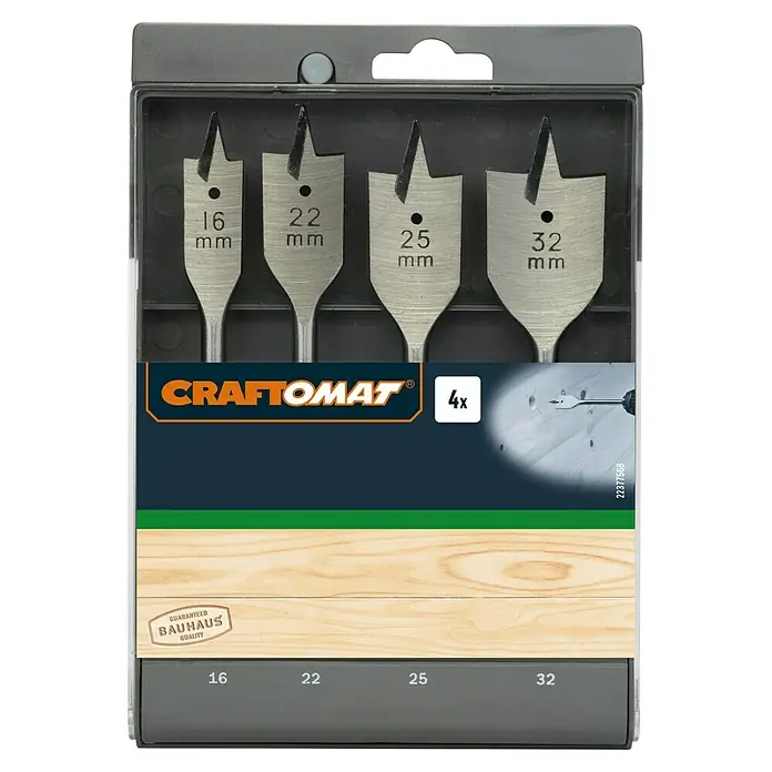Craftomat Flachfräsbohrer-Set - Geeignet für: Holz, 4 -tlg. - Ein 4-teiliges Set von Craftomat-Holzbohrern in verschiedenen Größen, ideal für präzise Holzarbeiten und Heimwerkerprojekte.