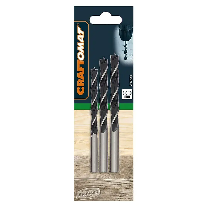 Craftomat Holzbohrer - 3 Stk., Durchmesser Bohrer: 8 mm - Packung mit drei Holzbohrern mit Durchmessern von 6, 6.8 und 10mm, ideal für präzise Bohrungen in Holz, mit dem Bauhaus Qualitätsversprechen.
